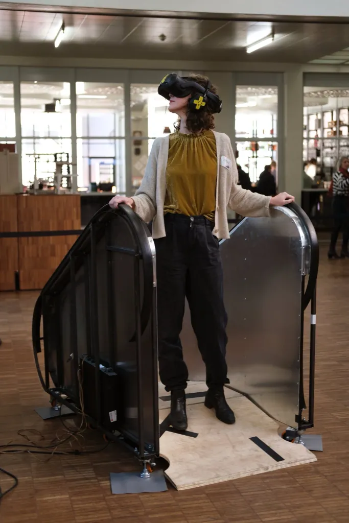 Young woman in VR on Anxious Arrivals phygotal escalator